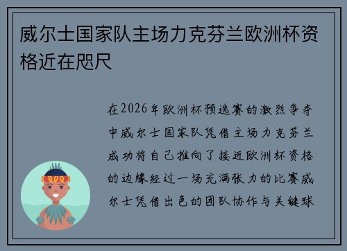 威尔士国家队主场力克芬兰欧洲杯资格近在咫尺 威尔士国家队主场力克芬兰欧洲杯资格近在咫尺