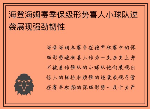 海登海姆赛季保级形势喜人小球队逆袭展现强劲韧性 海登海姆赛季保级形势喜人小球队逆袭展现强劲韧性